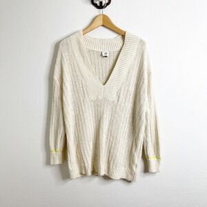 Cabi 6233 Cream Shaker Knit V-Neck Sweater Neon Yellow Accent Womens Medium